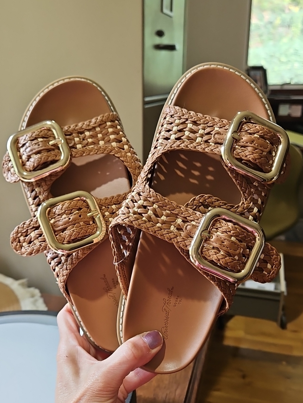 Universal Thread Braided Tan Slide Sandals with Gold Buckles